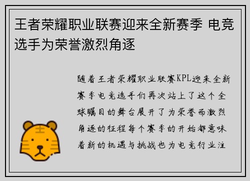 王者荣耀职业联赛迎来全新赛季 电竞选手为荣誉激烈角逐