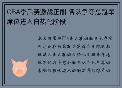 CBA季后赛激战正酣 各队争夺总冠军席位进入白热化阶段