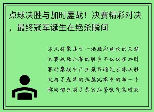 点球决胜与加时鏖战！决赛精彩对决，最终冠军诞生在绝杀瞬间