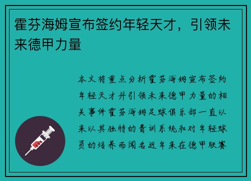 霍芬海姆宣布签约年轻天才，引领未来德甲力量